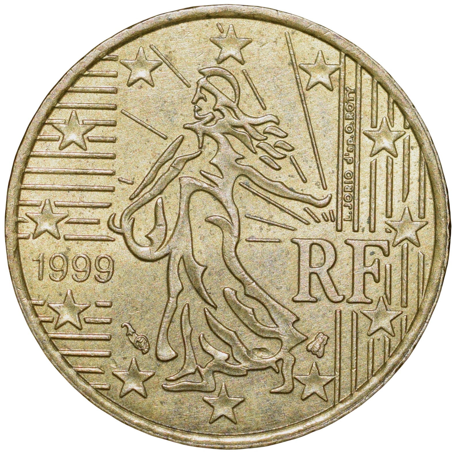 Brass 10 Euro Cents of France Country (AD 1999) Beautiful Grade