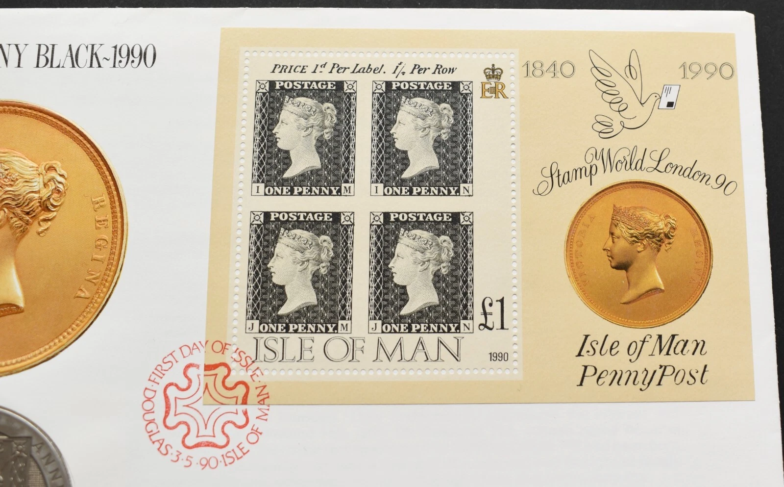 1 Crown 1840-1990 Penny Isle Of Man Post Office Official Stamp & Coin Cover UK