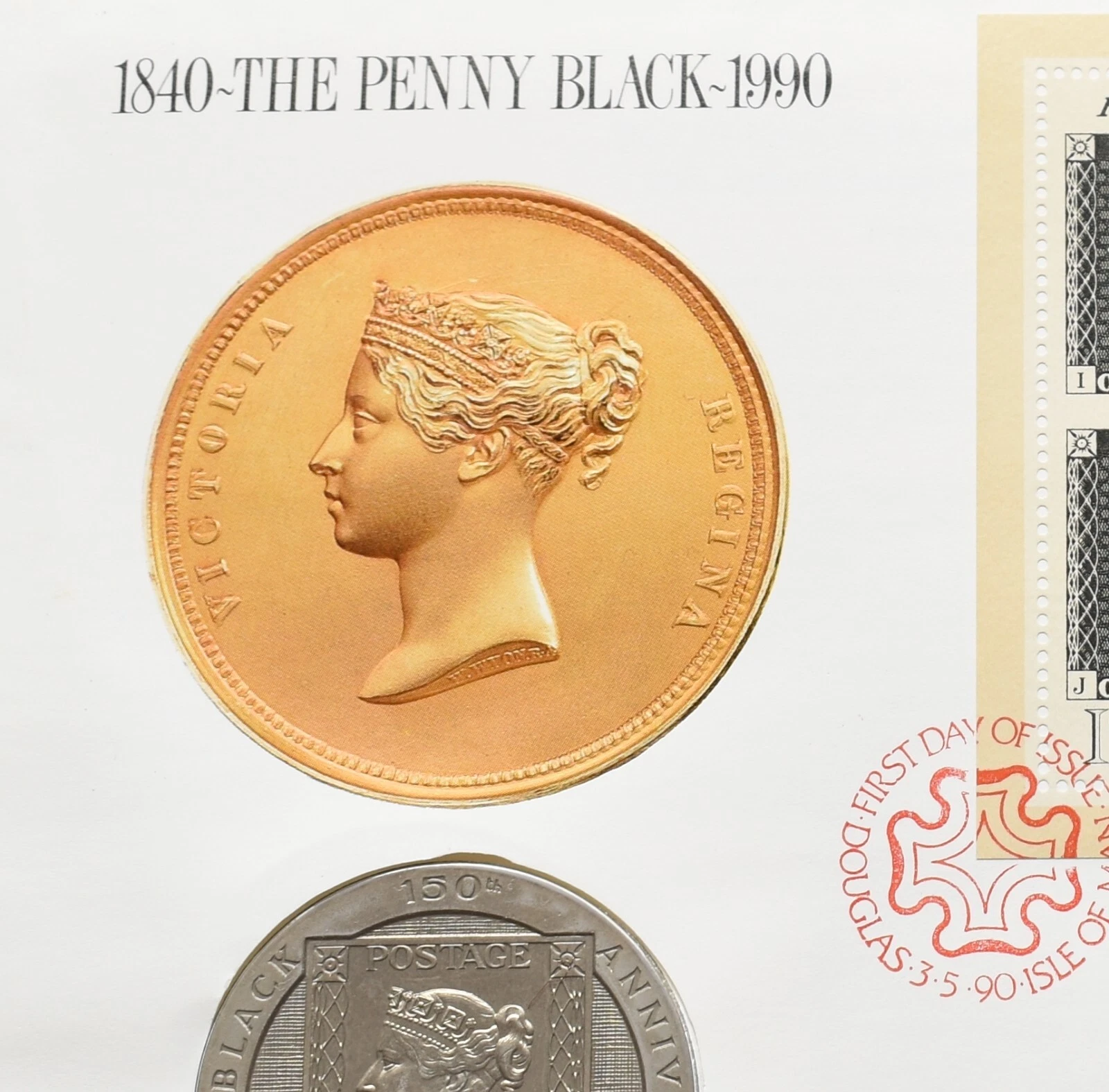 1 Crown 1840-1990 Penny Isle Of Man Post Office Official Stamp & Coin Cover UK