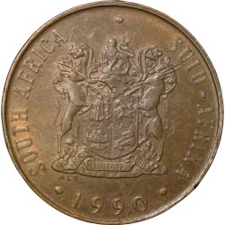 Alternative view of Bronze 2 Cents of South Africa (AD 1990) with Wildebeest bucking left