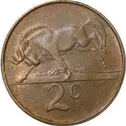 Bronze 2 Cents of South Africa (AD 1990) with Wildebeest bucking left