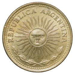 Brass 10 Pesos of Argentina (AD 1977) with 'Sol de Mayo' (Spanish: 'Sun of May')