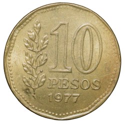 Alternative view of Brass 10 Pesos of Argentina (AD 1977) with 'Sol de Mayo' (Spanish: 'Sun of May')