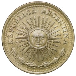 Brass 10 Pesos of Argentina (AD 1976) with 'Sol de Mayo' (Spanish: 'Sun of May')