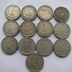 13 Coins Set of 5 Rupees 1992 to 2004 Copper-Nickel Coin of issue RBI Republic India Coins