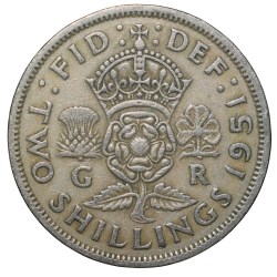 Copper-Nickel 2 Shillings of George VI (AD 1951) of Great Brittain Scarce