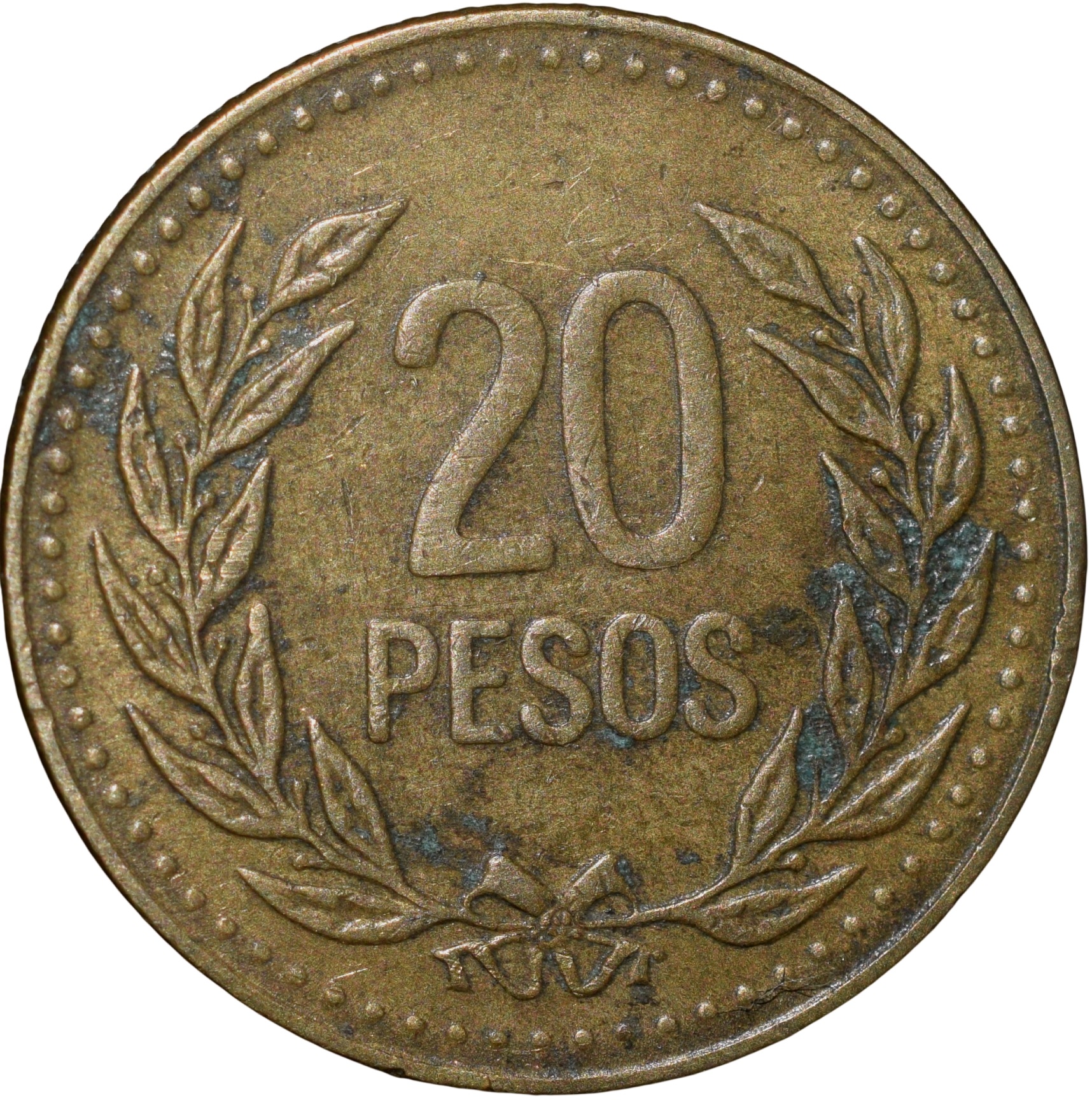 Brass 20 Pesos of Colombia Country (AD 1991)