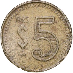 Alternative view of Brass 5 Pesos of Mexico (AD 1985) with Monogram