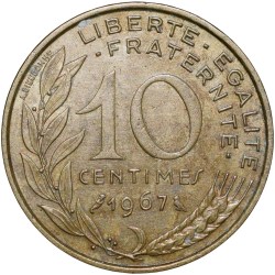 Alternative view of Brass 10 Centimes of France ( AD 1967) with Marianne face left
