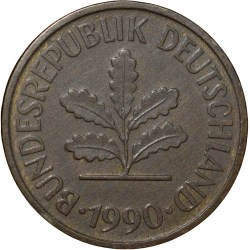 Brass 5 Pfennig of Germany (AD 1990) with Oak Sapling