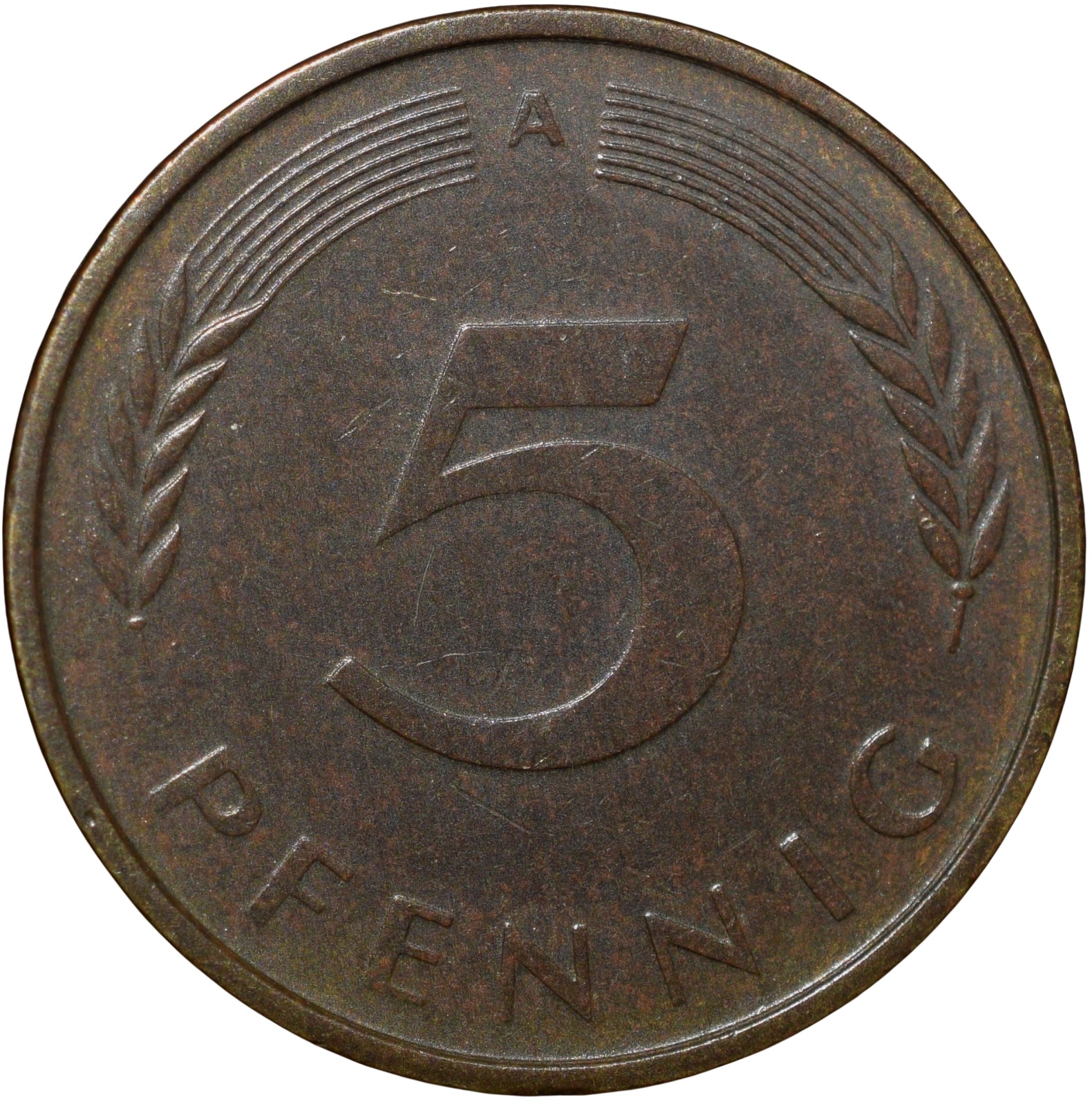 Brass 5 Pfennig of Germany (AD 1990) with Oak Sapling