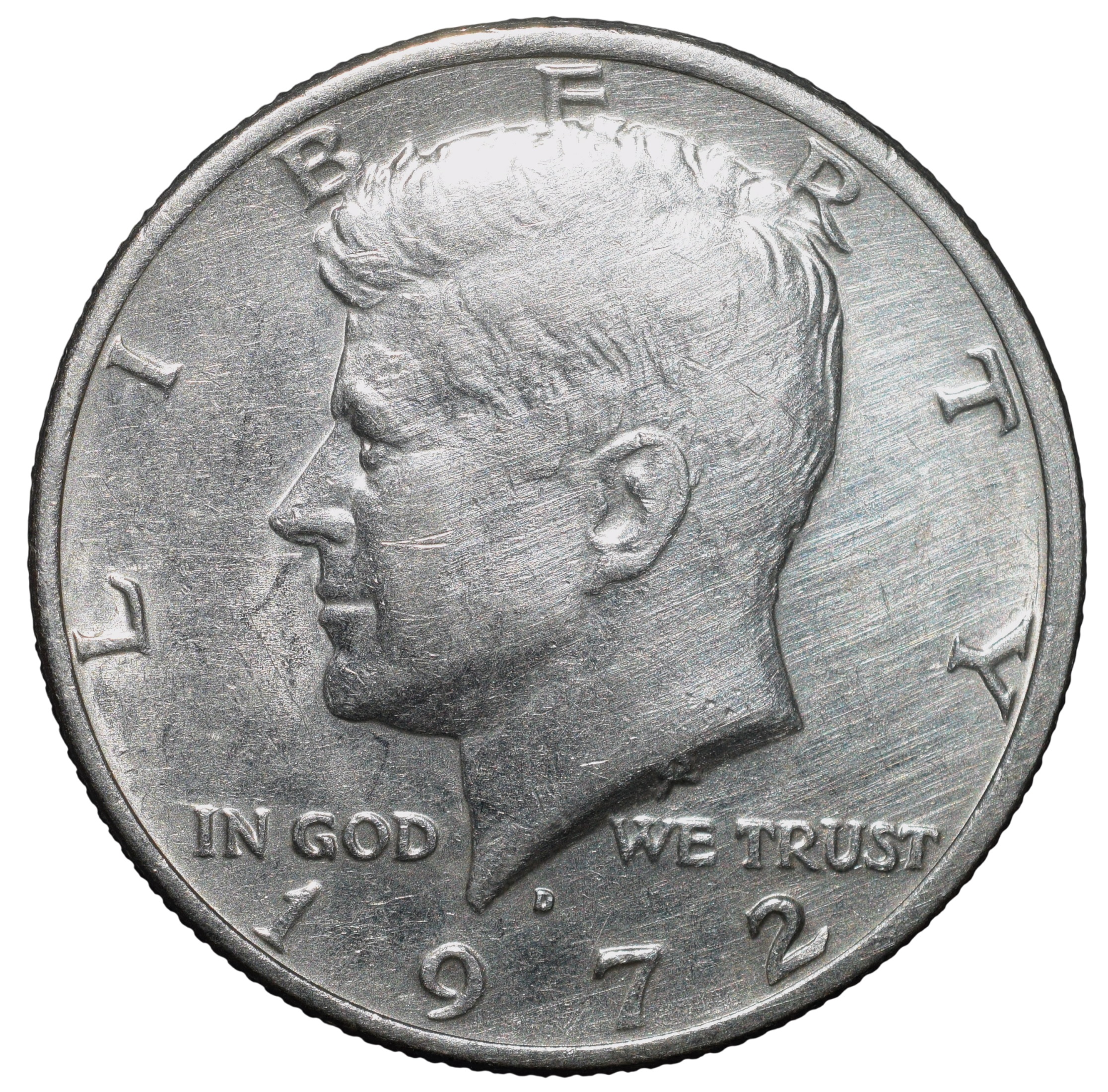Copper-Nickel 1/2 Dollar of USA (AD 1972) with Portrait of John F. Kennedy