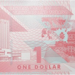 Alternative view of Polymer/Plastic 1 Dollar of Trinidad & Tobago Country (AD 2020) with Eric Williams Finance Building in Port of Spain where Central bank of T&T is located