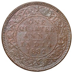 Alternative view of Copper 1/4 Anna of Victoria Empress (AD 1882) of Calcutta Mint Bust Type B Rare Year