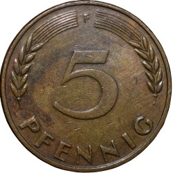 Alternative view of Old Brass 5 Pfennig of Germany (AD 1950) with Oak Sapling
