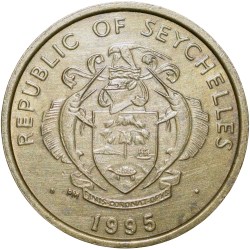 Alternative view of Brass 5 Cents of Seychelles Island Country (AD 1995) with Manioc plant