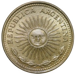 Brass 10 Pesos of Argentina (AD 1978) with 'Sol de Mayo' (Spanish: 'Sun of May')