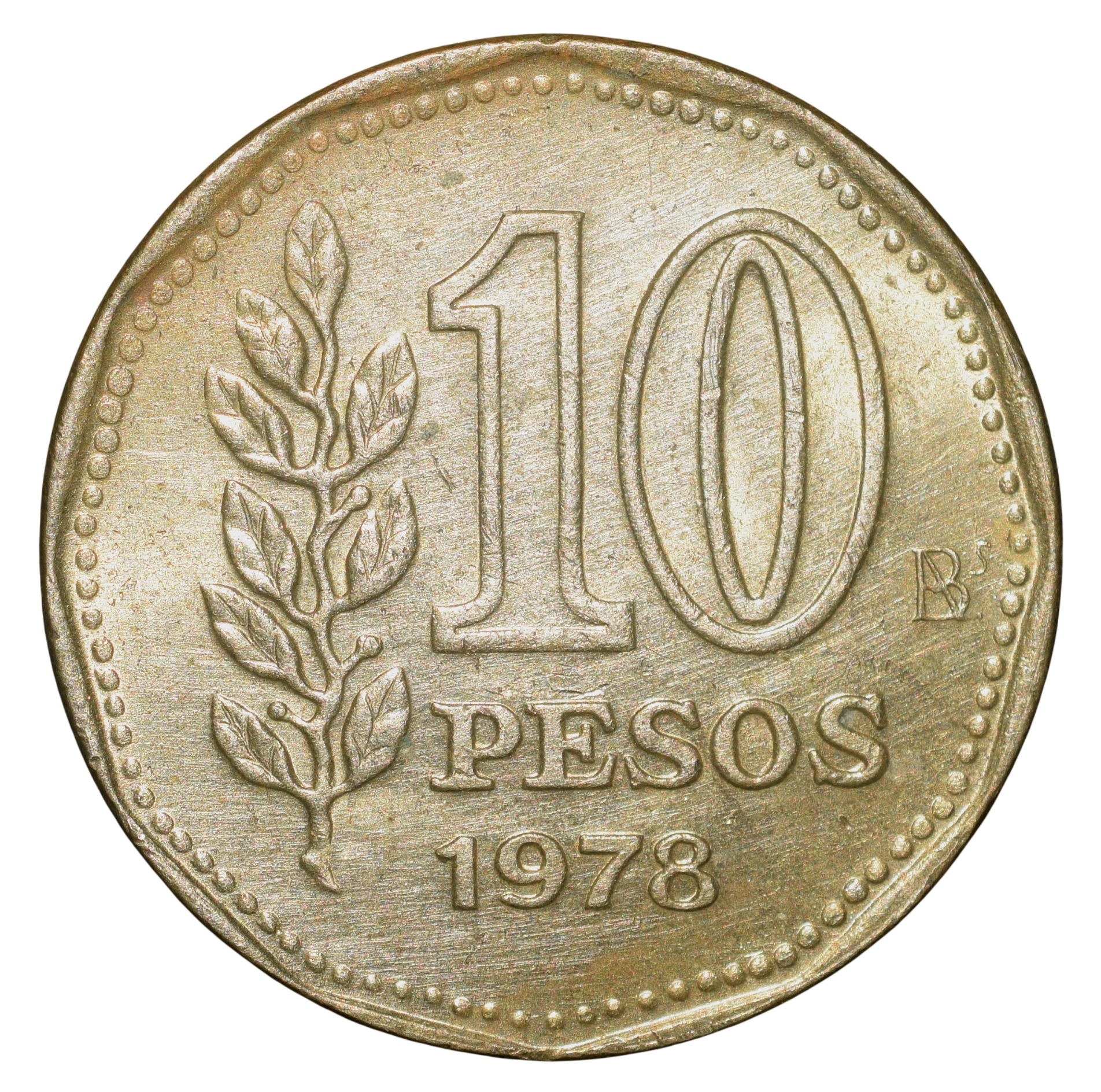 Brass 10 Pesos of Argentina (AD 1978) with 'Sol de Mayo' (Spanish: 'Sun of May')