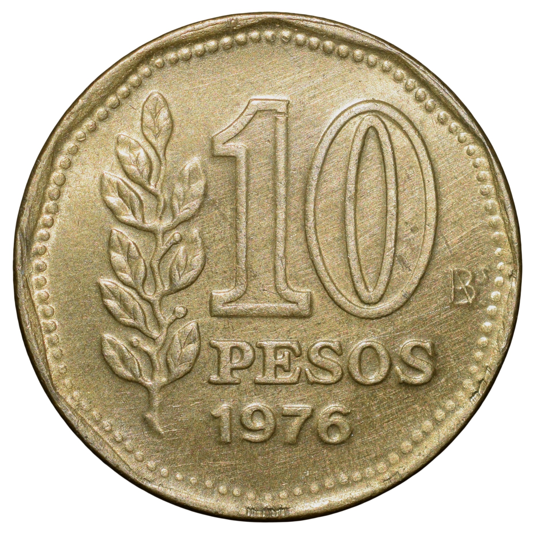 Brass 10 Pesos of Argentina (AD 1976) with 'Sol de Mayo' (Spanish: 'Sun of May')