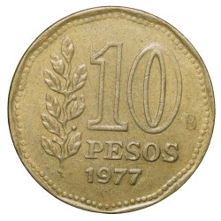 Alternative view of Brass 10 Pesos of Argentina (AD 1977) with 'Sol de Mayo' (Spanish: 'Sun of May')