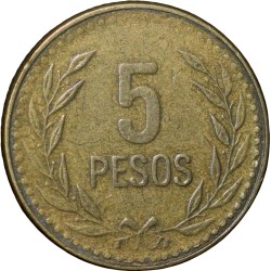 Alternative view of Brass 5 Pesos of Colombia Country (AD 1990)