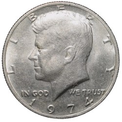 Copper-Nickel 1/2 Dollar of USA (AD 1974) with Portrait of John F. Kennedy