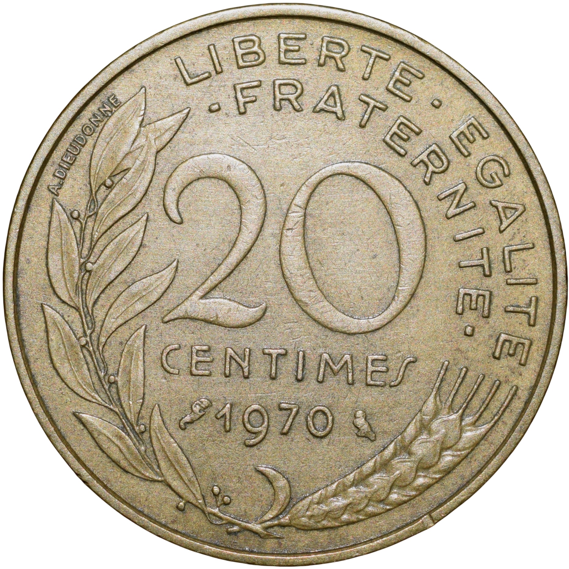 Brass 20 Centimes of France ( AD 1970) with Marianne face left