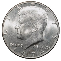 Alternative view of Copper-Nickel 1/2 Dollar of USA (AD 1974) with Portrait of John F. Kennedy UNC Grade