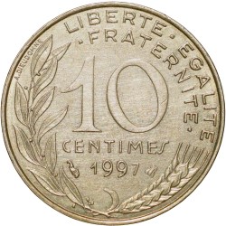 Alternative view of Brass 10 Centimes of France ( AD 1997) with Marianne face left