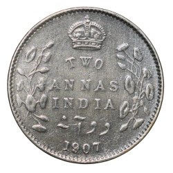 Alternative view of Silver 2 Annas of Edward VII (AD 1907) of Calcutta Mint Scarce