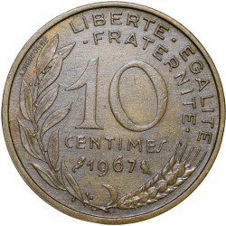 Alternative view of Brass 10 Centimes of France ( AD 1967) with Marianne face left