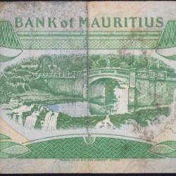 Alternative view of 10 Rupees of Mauritius Country (AD 1985) with Government House in Port Louis/Bridge, Waterfall and Mauritius outline map Rare