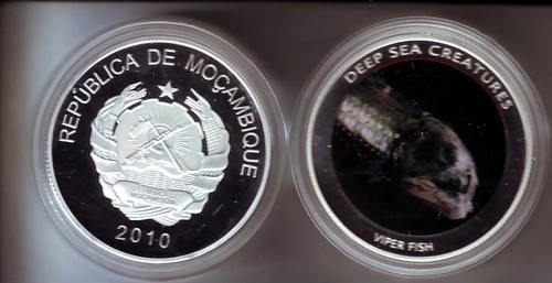 Mozambique Deep Sea Creatures Viper Fish Proof 2010 Colored Medallic Issue Rare Reproduction Coin with Capsule