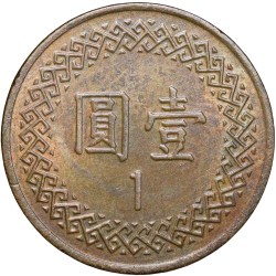 Alternative view of Bronze New 1 Dollar of Taiwan (AD 1981-2022) with Bust of Chiang Kai-shek left