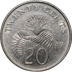 Copper-Nickel 20 Cents of Singapore (AD 1998) with Powder-puff plant fronds Flower