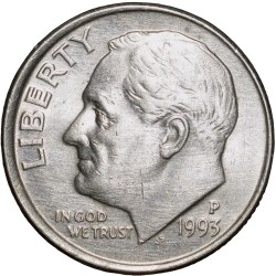 Copper-Nickel 1 Dime of USA (AD 1993) with Portrait of Franklin D. Roosevelt