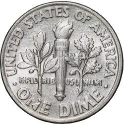 Alternative view of Copper-Nickel 1 Dime of USA (AD 1993) with Portrait of Franklin D. Roosevelt