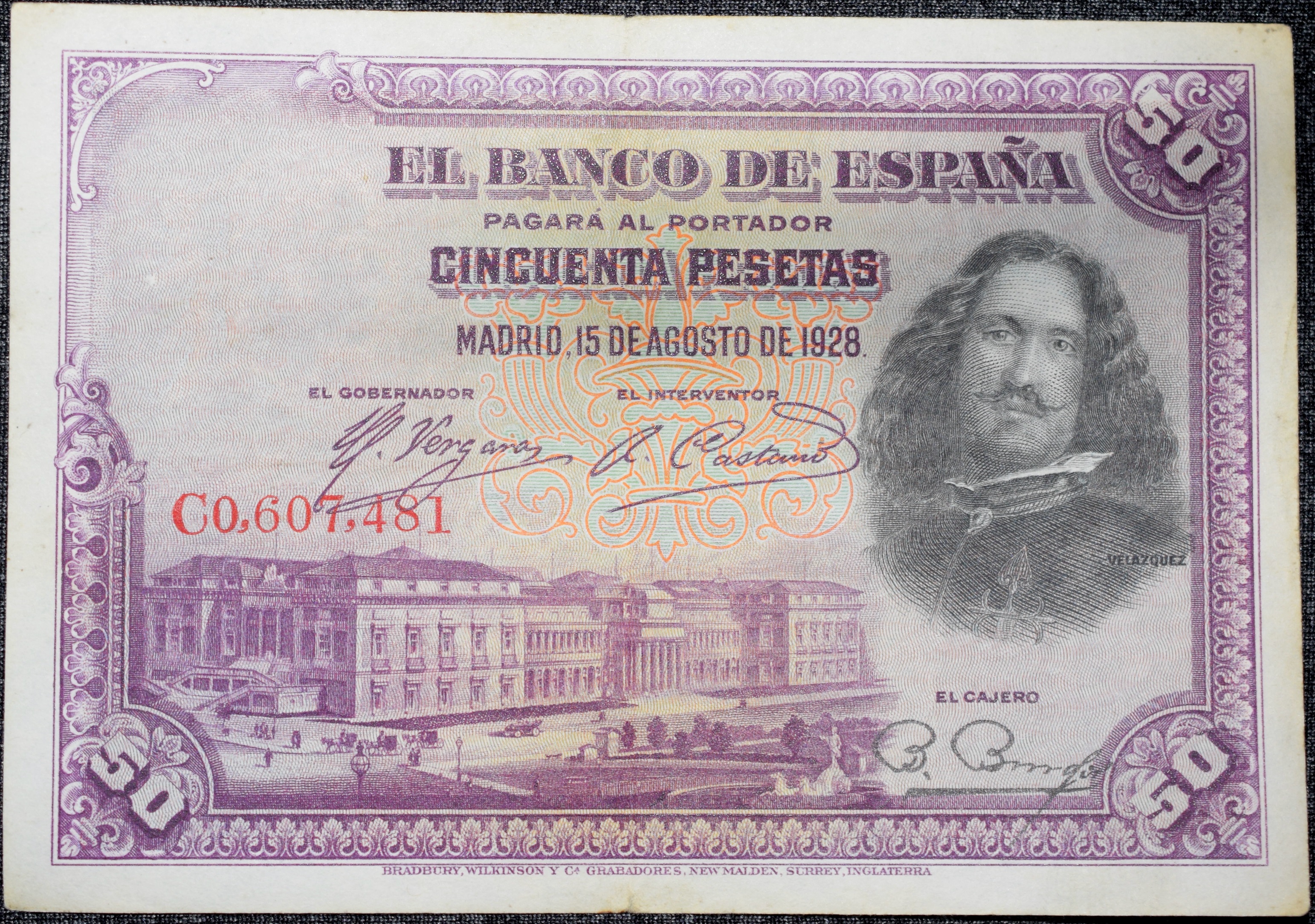 Old 50 Pesetas of Spain (AD 1928) with Bust of Spanish painter Diego Rodríguez de Silva/Painting "La rendición de Breda" (The Surrender of Breda) by Velázquez