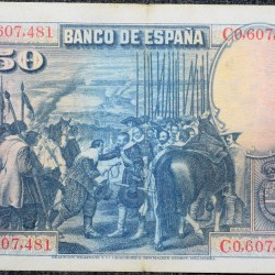Alternative view of Old 50 Pesetas of Spain (AD 1928) with Bust of Spanish painter Diego Rodríguez de Silva/Painting "La rendición de Breda" (The Surrender of Breda) by Velázquez