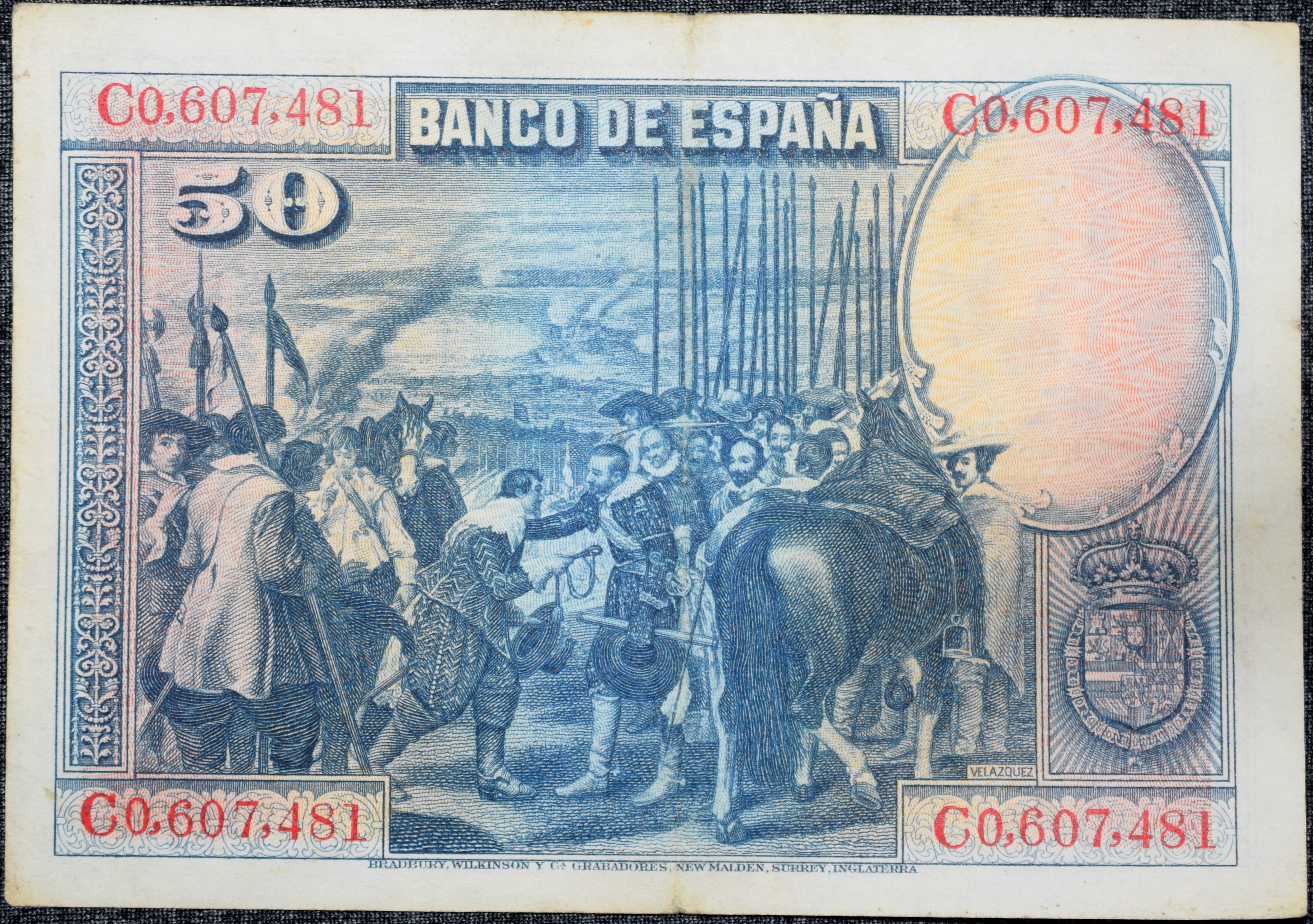 Old 50 Pesetas of Spain (AD 1928) with Bust of Spanish painter Diego Rodríguez de Silva/Painting "La rendición de Breda" (The Surrender of Breda) by Velázquez - Image 2