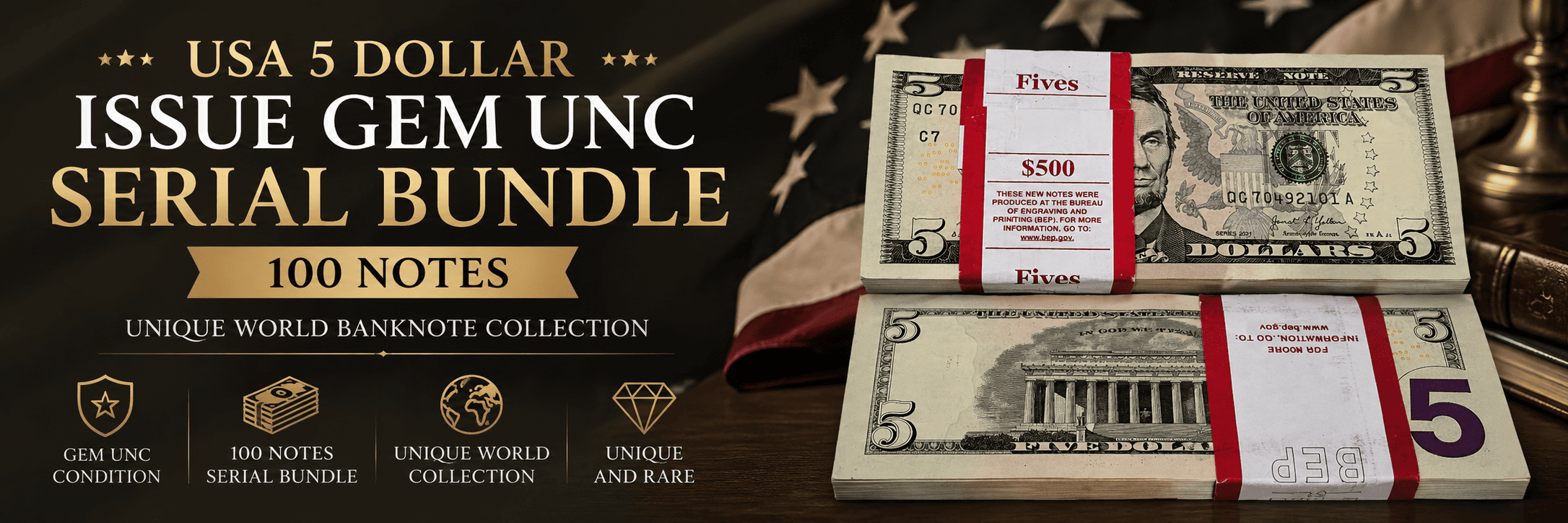 Usa 5 Dollar Issue Gem Unc Serial Bundle 100 Notes Unique World Banknote Collection Unique And Rare