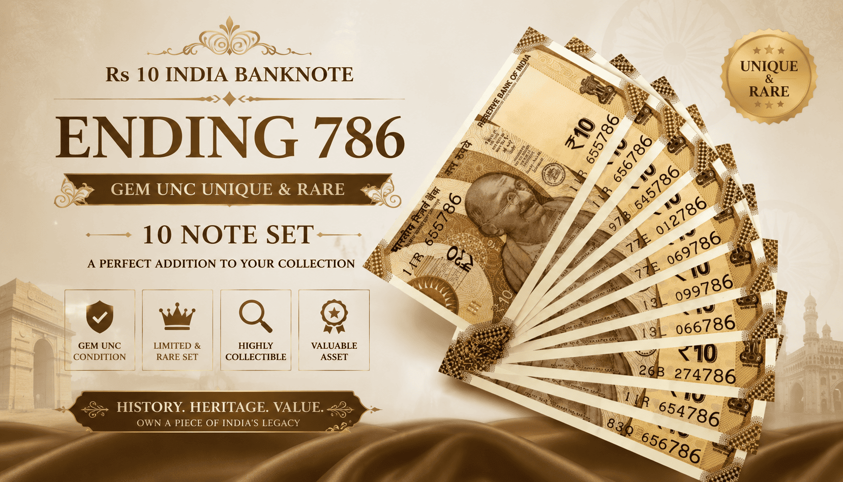 Rs 10 India Banknote Issue Ending 786 Gem Unc Unique and Rare 10 note Set