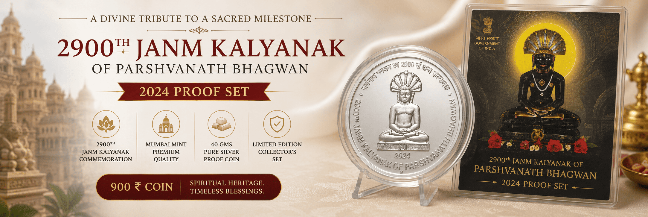 2900 th Janm Kalyanak Of Parshvanath Bhagwan 204 Proof Set Mumbai Mint 900 Rs Coin 40 GMS Silver