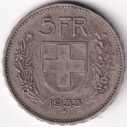 5 Francs 1933 Switzerland Silver 15 Grams Coin Rare