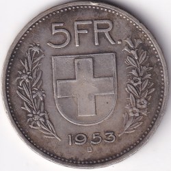 5 Francs 1953 Switzerland Silver 15 Grams Coin Rare