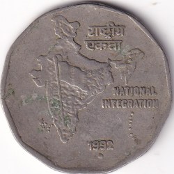 2 Rupees 1992 Noida Mint National Integration Rare Copper Nickel Coin Very Fine