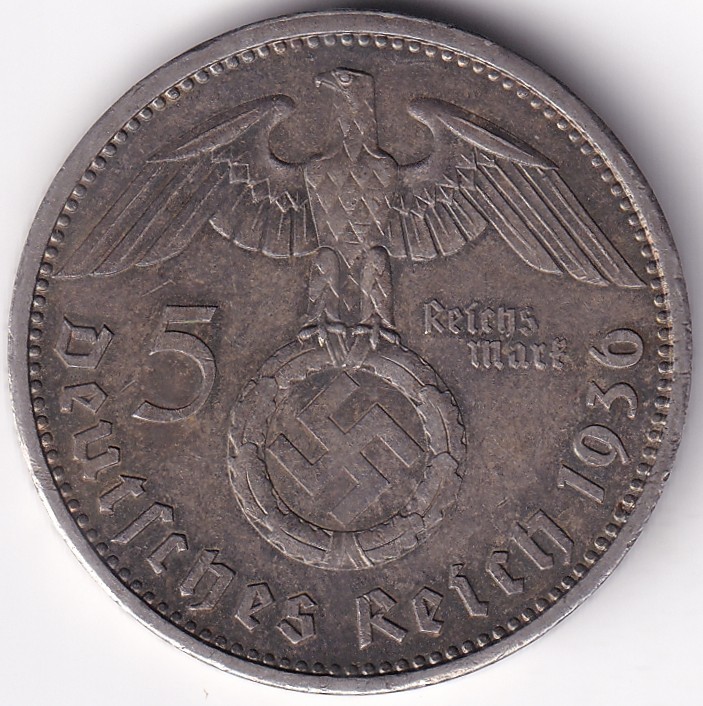 Swastik Symbol 5 Marks Germany 1936 Silver 13.8 Grams Weight Rare #3