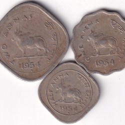 Republic India 1954 Nickel 2 Annas 1 Anna 1/2 Anna Three Coins Set Rare #1