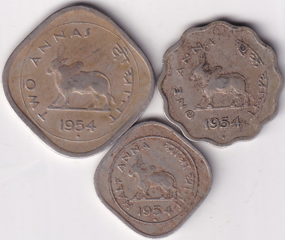 Republic India 1954 Nickel 2 Annas 1 Anna 1/2 Anna Three Coins Set Bombay Mint Rare #2