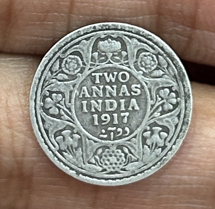 British-India Two Annas 1917 (George V) Rare Silver Coin#K-184